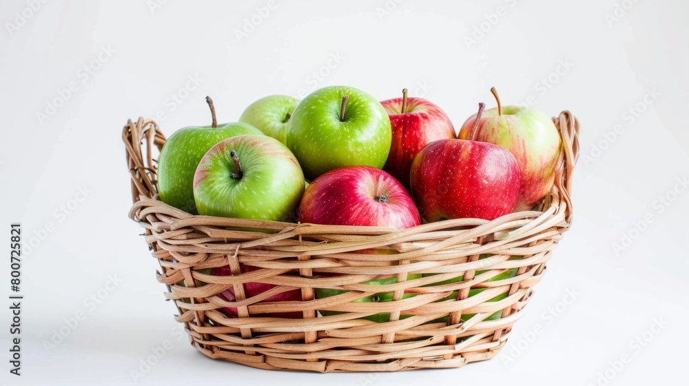 Green and red apples in a wicker basket on a white background. generative ai Green and red apples in a wicker basket on a white background. generative ai