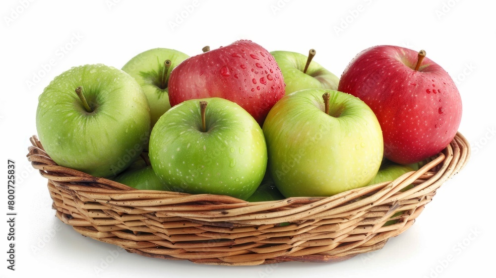 Green and red apples in a wicker basket on a white background. generative ai Green and red apples in a wicker basket on a white background. generative ai