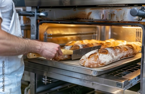 A baker is cutting bread with a bread knife in an oven. The bread is golden brown and looks delicious