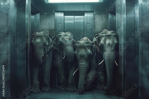 Elephants navigating an elevator, creating a humorous and unexpected scene in a human-like scenario photo