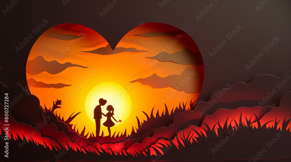 Paper cut design of a heart-shaped sunset with a couple, symbolizing