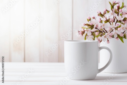 Spring coffee mug mockup template with white ceramic cup and pink cherry blossom branch on light wooden table