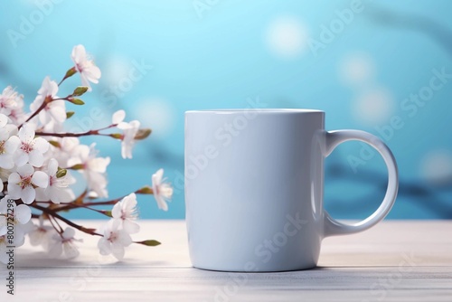 A mockup of an empty white coffee mug with cherry blossoms next to it