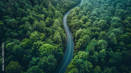 The road is surrounded by green trees. The road is narrow and winding. The trees are tall and lush.