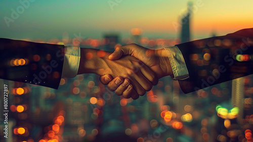 Close-Up Handshake on Business Deal, City Office Backdrop