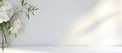 The background is a plain white wall with decorative vases and plants on the table