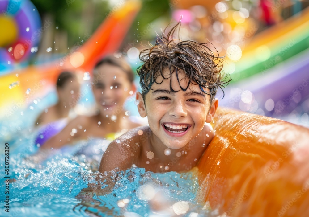 A boy is smiling and splashing in the water with his friends