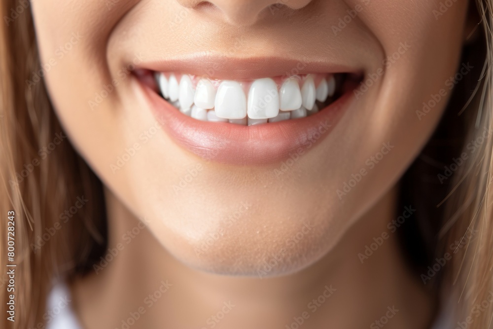 A woman with a white smile is shown in a close up. Beautiful smile concept A woman with a white smile is shown in a close up. Beautiful smile concept