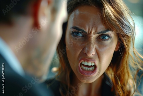 A woman screams and swears in the office. Concept of aggression and stress at work. Background with selective focus