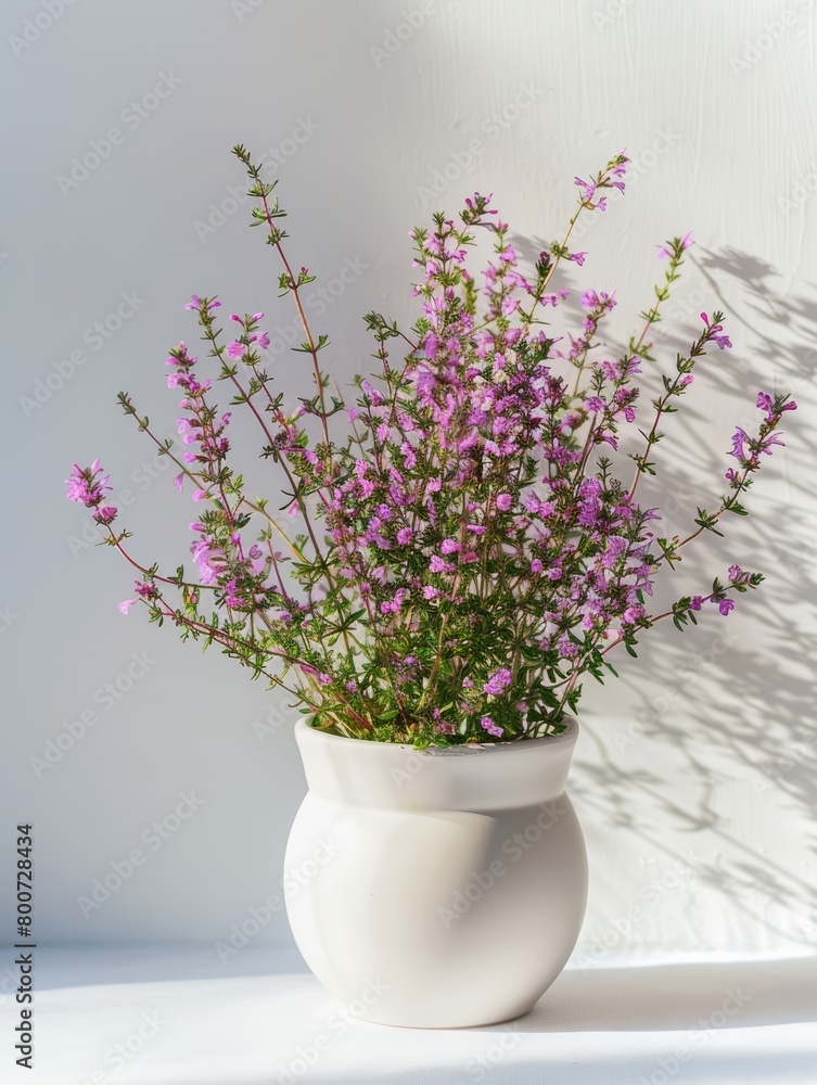 A cute beautiful vase with small pink flowers inside it isolated against a white background under sunlight.