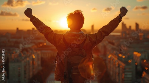 sportsman with golden olympic medal stands on olympic sport stadium, moment of euphoria ,  summer Olympic Games concept photo