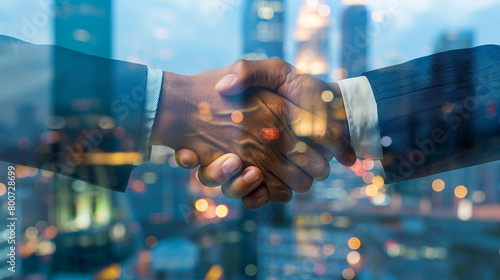 Close-Up Handshake on Business Deal, City Office Backdrop