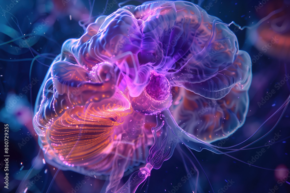 Obraz premium Human brain on blue background. Neon colours