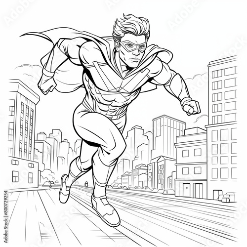 coloring page for kids  fully masked male superhero   no shadow  low detail  thick lines