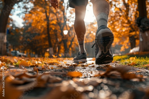 A man is running in a park with leaves on the ground