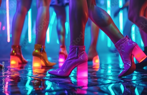 A group of women are dancing in neon colored shoes