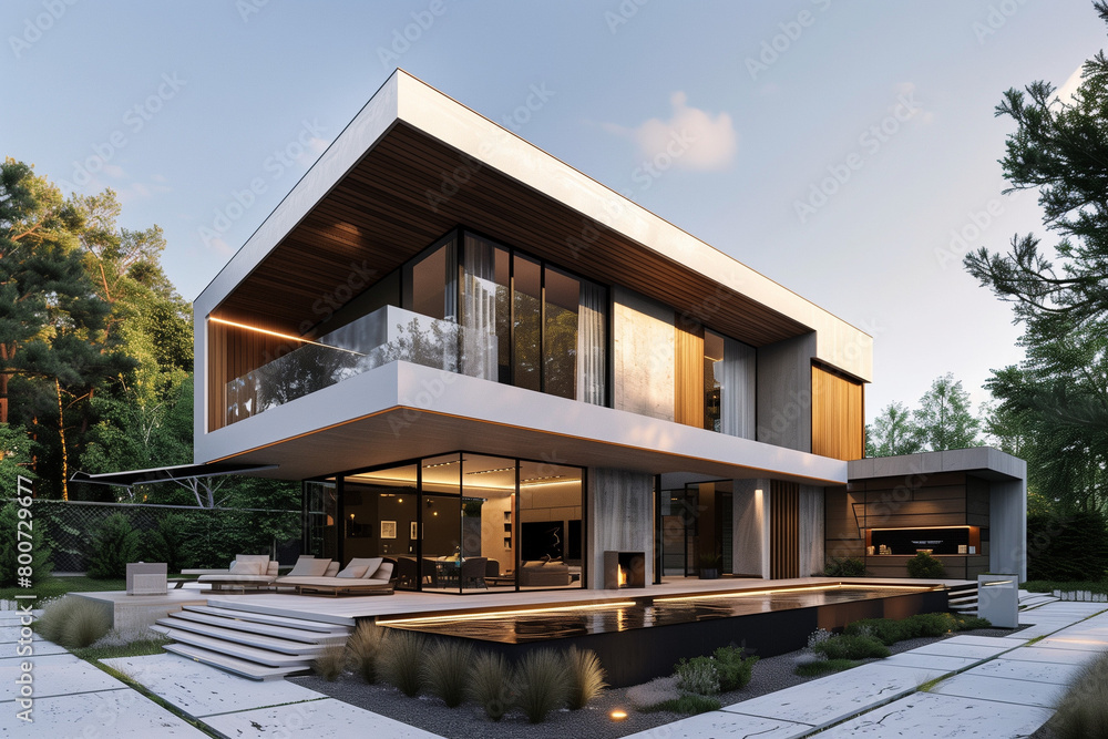 Modern luxury minimalist cubic house with pitched roof, villa with wooden cladding and panel walls and landscaping design front yard. Residential architecture exterior with pool. Modern luxury minimalist cubic house with pitched roof, villa with wooden cladding and panel walls and landscaping design front yard. Residential architecture exterior with pool.