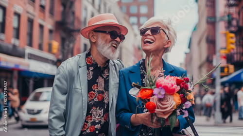 Stylish Seniors With Flowers Laughing On City Sidewalk