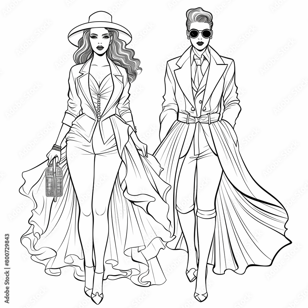 coloring page of fashion coloring book for adults event clothes, black and white