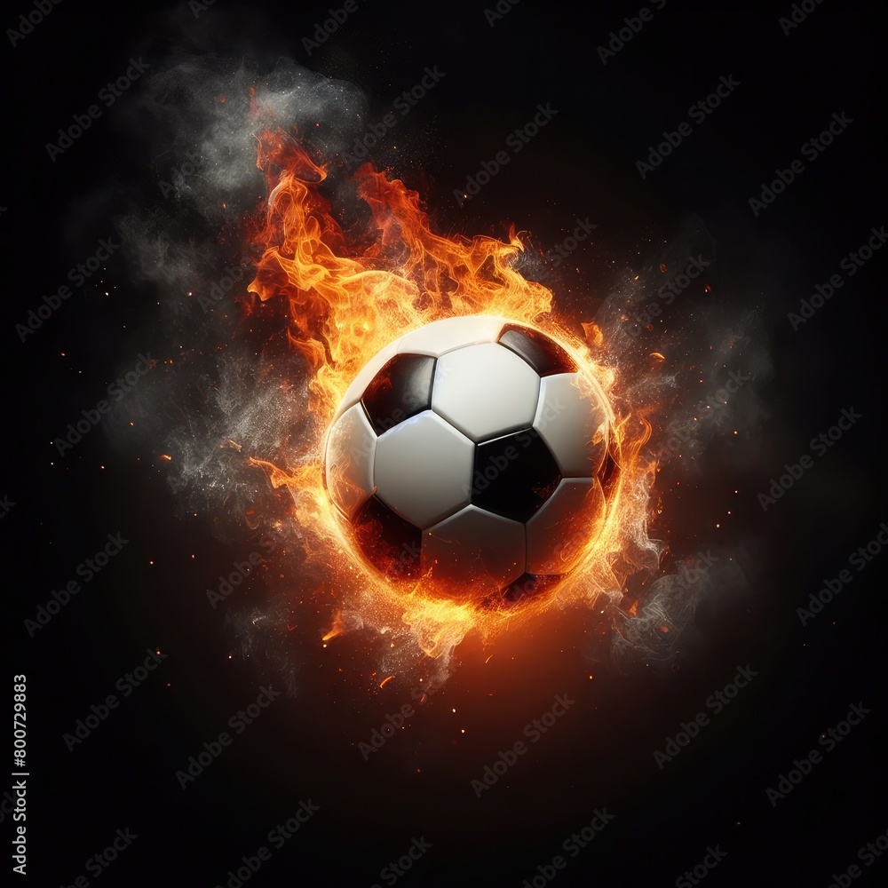 Fototapeta premium Soccer ball flying on fire isolated on a black background
