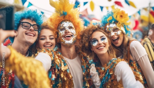 'carnival selfie people Model costumes wearing Group taking AI funny confetti young multiracial party city festival costume fun goggles woman culture brazilian tradition brazil s'