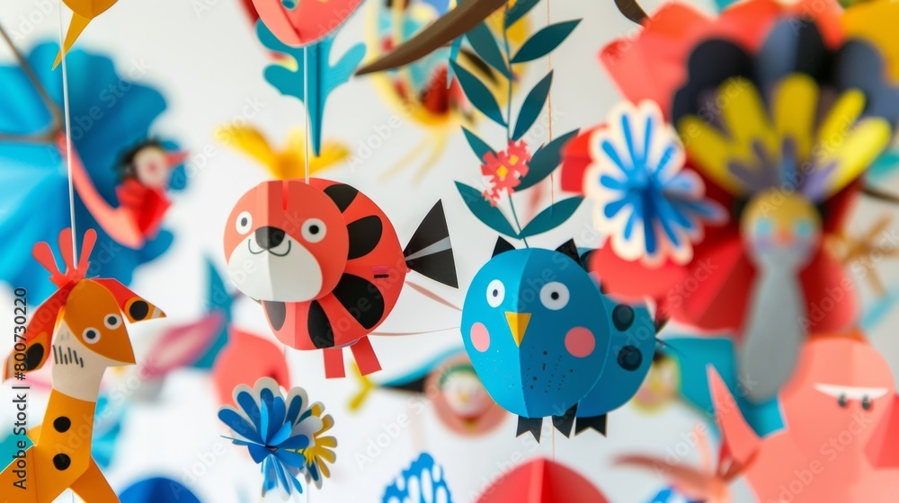 A colorful recycled paper mobile adorned with friendly animals..