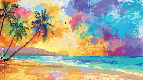 a colorful painting of a beach with palm trees