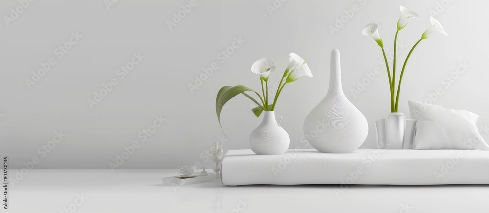 The background is a plain white wall with decorative vases and plants on the table The background is a plain white wall with decorative vases and plants on the table