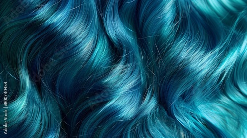 Closeup of shiny teal hair texture with soft waves