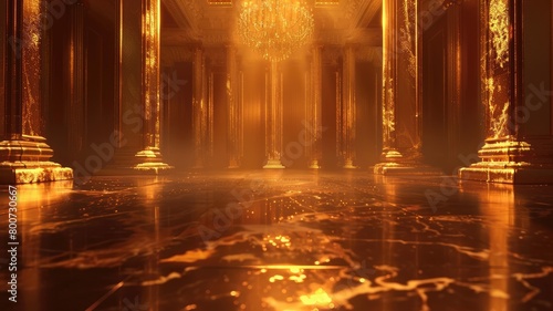 Luxurious interior with golden pillars and marble floors illuminated by grand chandelier