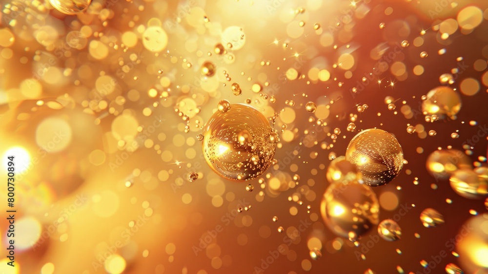 Golden bubbles suspended in glowing, amber liquid with bokeh effect Golden bubbles suspended in glowing, amber liquid with bokeh effect