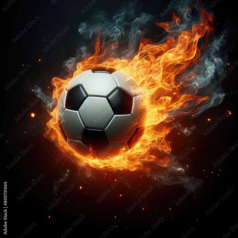 Fototapeta premium Soccer ball flying on fire isolated on a black background
