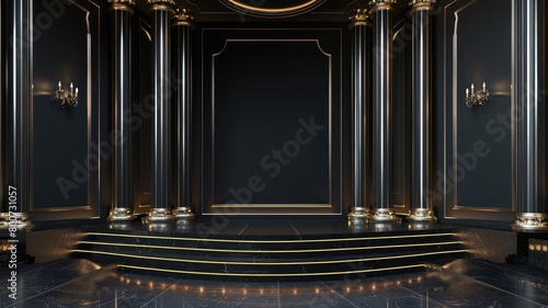 Elegant interior design of room with luxurious black-gold decor, ornate pillars, and sophisticated lighting photo