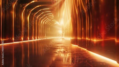Futuristic corridor with glowing orange lights on walls and floor  suggesting high-tech ambiance