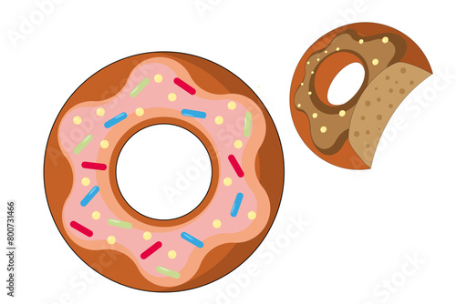 Vector e ilustración de dos donas. Dibujo de Dona mordida. Icono para cafetería. 