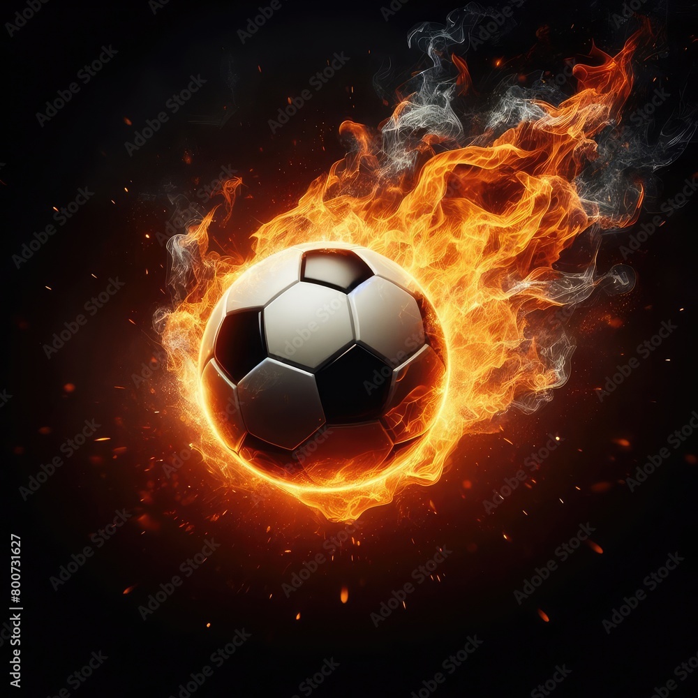 Fototapeta premium Soccer ball flying on fire isolated on a black background