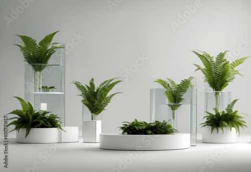 'splay Two decorated podiums product leaves white green transparent fern background Empty glass podium Top poduim flower beauty colourful natural fresh blossom'
