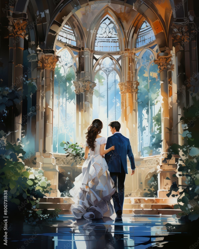 Obraz premium Watercolor background of a wedding couple walking in a fairy garden