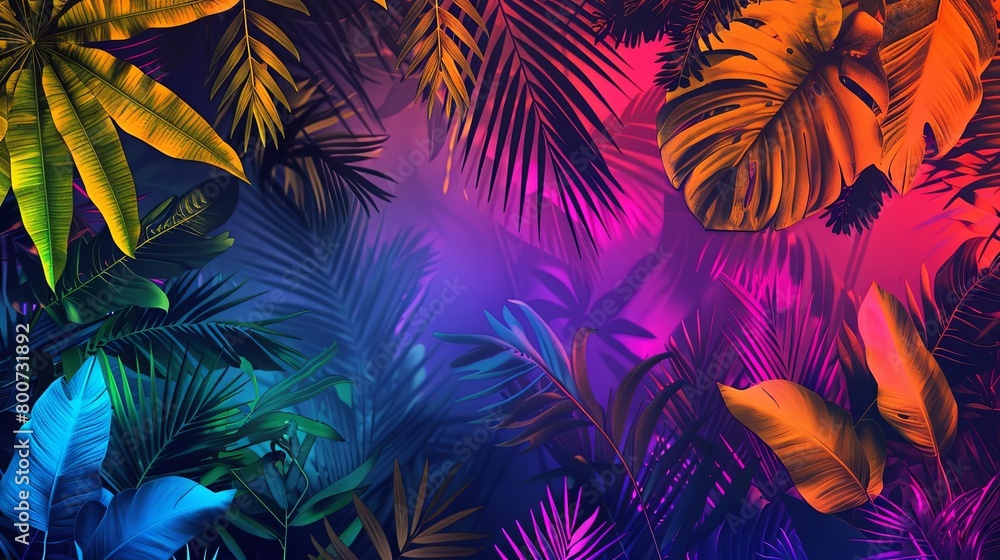 a colorful jungle scene featuring a variety of plants and animals, including a giraffe, a zebra, an a colorful jungle scene featuring a variety of plants and animals, including a giraffe, a zebra, an