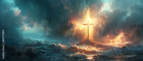 The image is a painting of a cross in a stormy sea. The cross is made of a bright light.