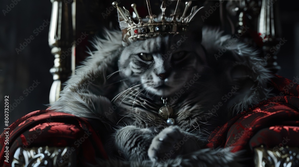The cat in the crown sits on the throne. Black background. The cat in the crown sits on the throne. Black background.