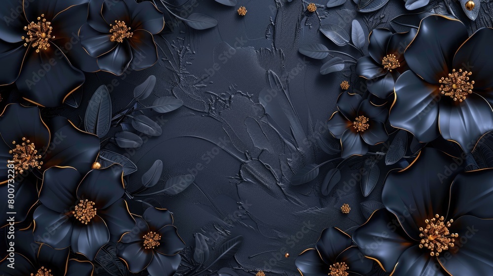 Dark floral wallpaper with 3D black and gold flowers Dark floral wallpaper with 3D black and gold flowers
