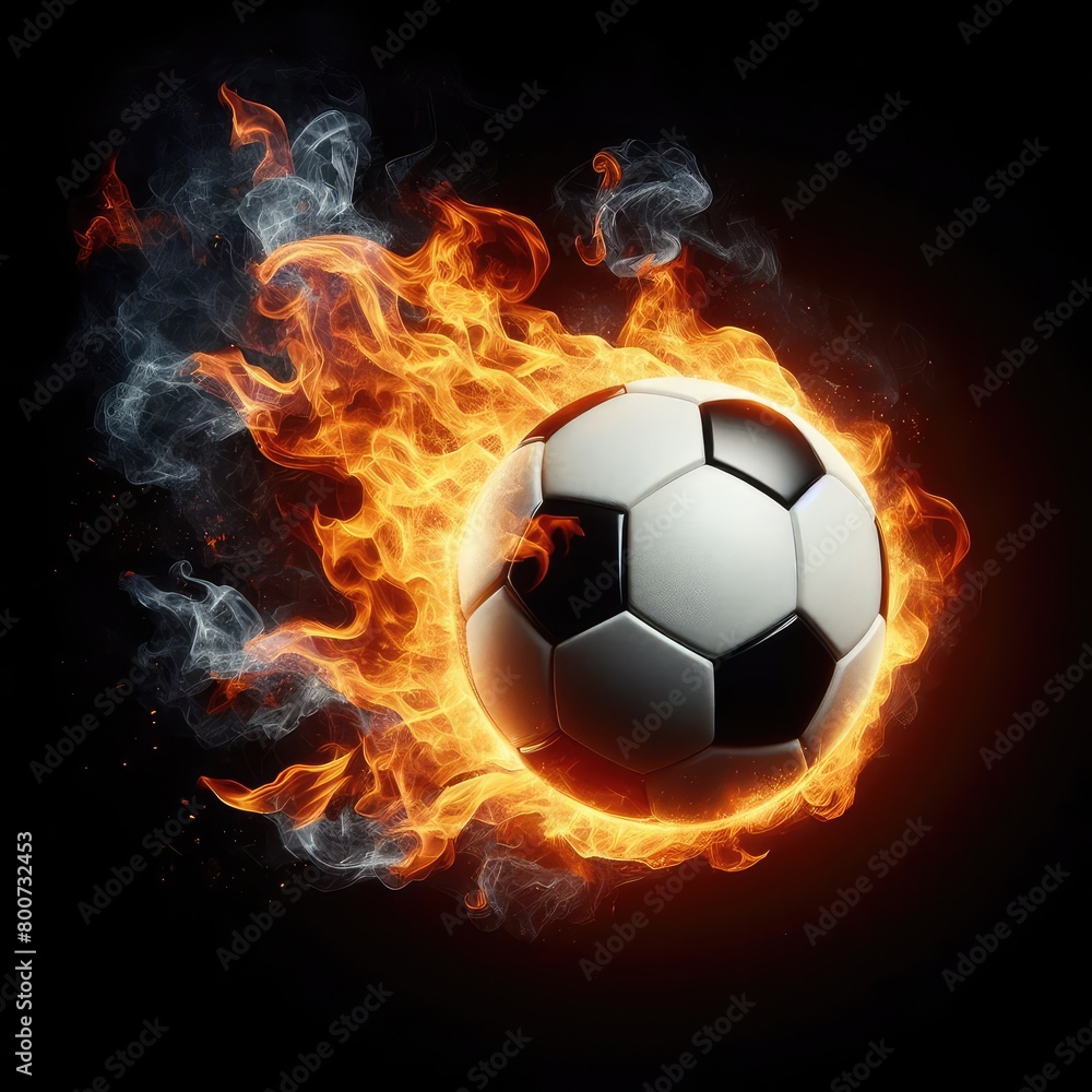 Fototapeta premium Soccer ball flying on fire isolated on a black background