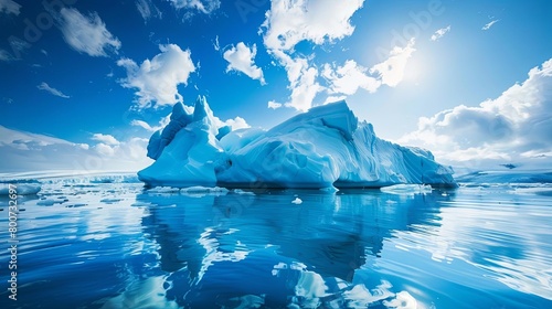 icebergs float peacefully on the calm blue waters under a clear blue sky, with fluffy white clouds