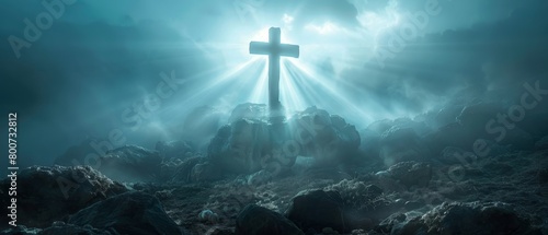 The dark blue ocean depths with a glowing cross above.