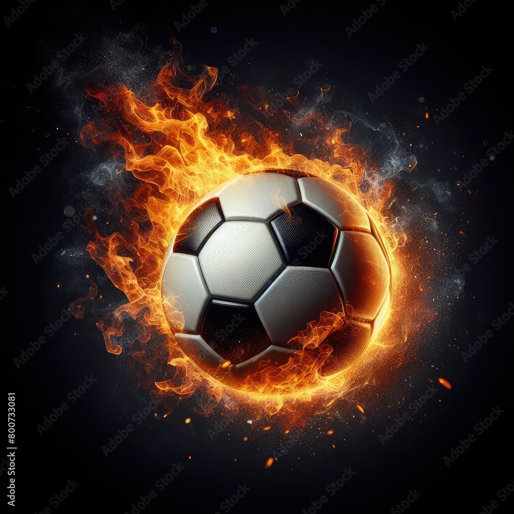 Fototapeta premium Soccer ball flying on fire isolated on a black background