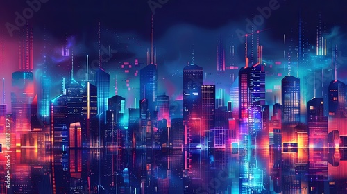 a futuristic cityscape featuring a towering skyscraper, a bustling street, and a bustling river