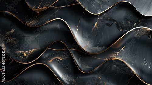 Abstract wavy pattern with black and gold textures resembling marble photo