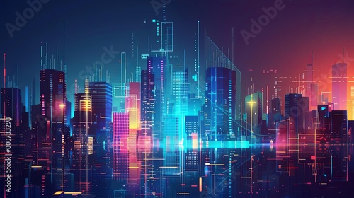 a futuristic cityscape featuring a towering skyscraper, a bustling street, and a bustling river flo photo