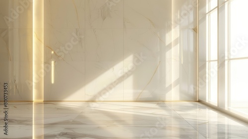 Empty room with marble floor basking in natural sunlight through large windows